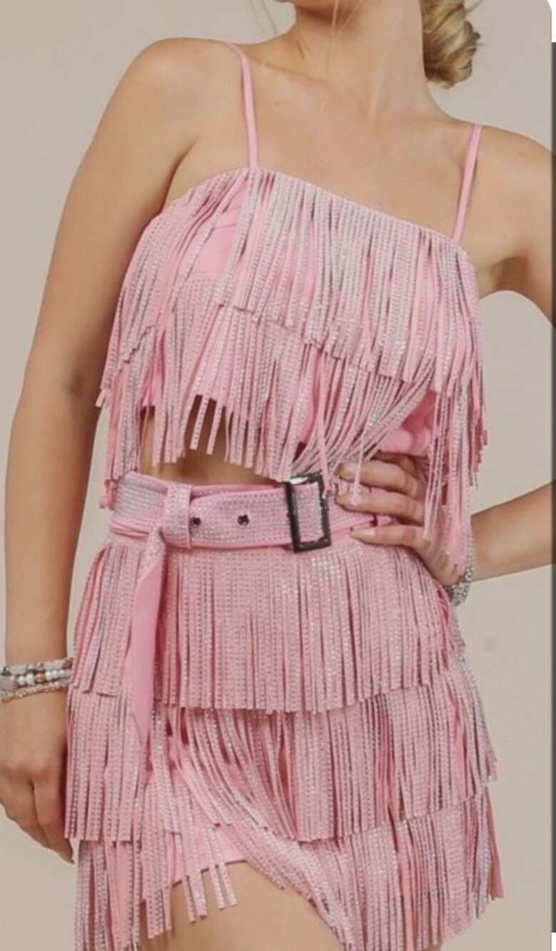 Nylon Apparel Light Pink Rhinestone Fringe Cami Crop Top